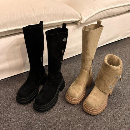 Calf Suede Button Faux Mid Platform Boots