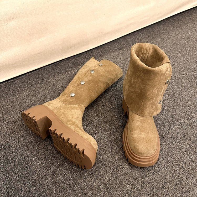 Calf Suede Button Faux Mid Platform Boots