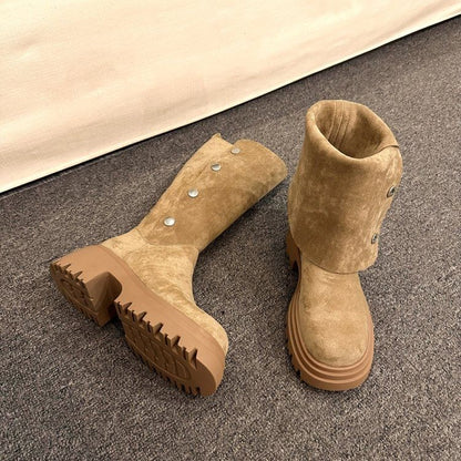 Calf Suede Button Faux Mid Platform Boots