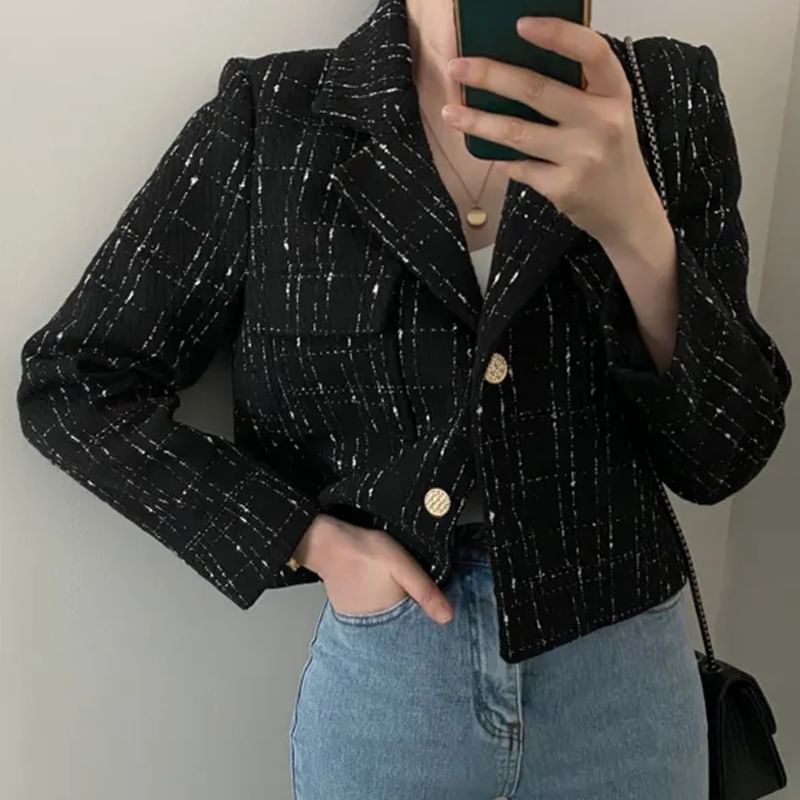 Lapel Collar Plaid Tweed Cropped Button Jacket