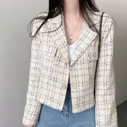 Lapel Collar Plaid Tweed Cropped Button Jacket