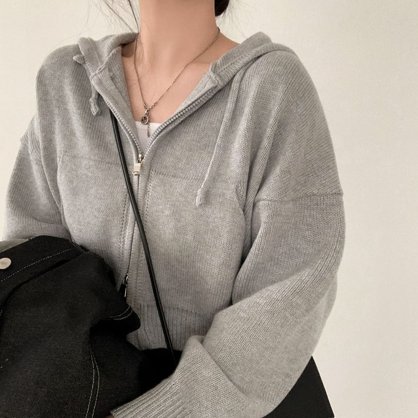 Drop Shoulder Plain Zip Up Cropped Knit Hoodie