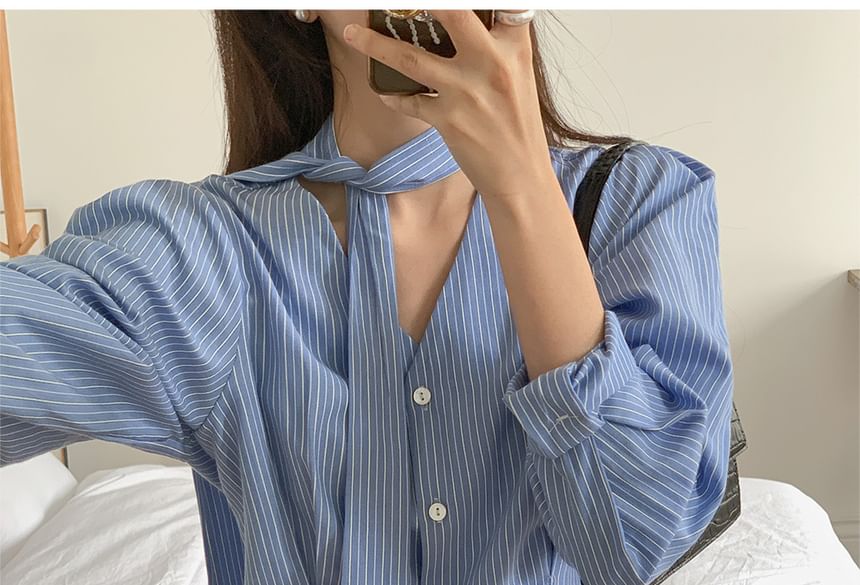 Long Sleeve V-Neck Striped Tie Front Blouse