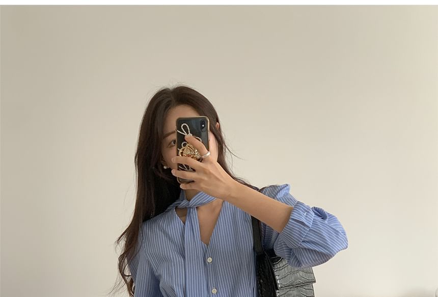 Long Sleeve V-Neck Striped Tie Front Blouse