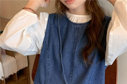 Long-Sleeve Round Neck Plain Blouse / Washed Denim Maxi Dungaree Dress / Crossbody Bag / Set