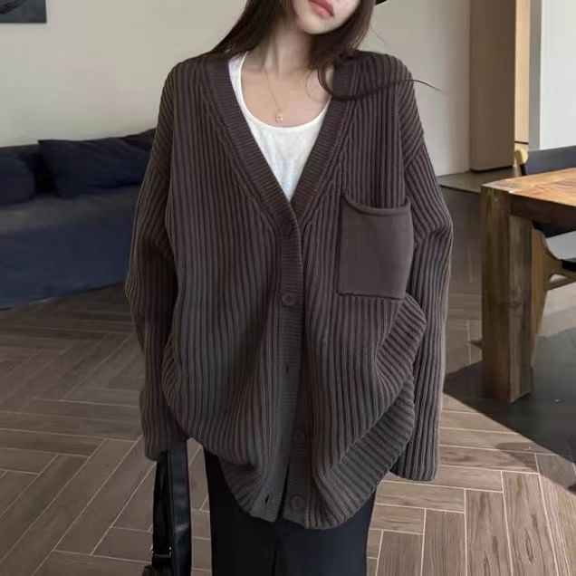 Oversized V-Neck Cardigan with Pocket