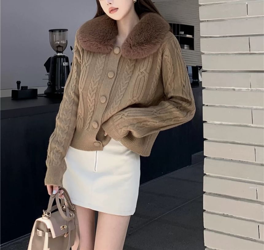 Faux Fur-Collar Cable-Knit Cardigan in 6 Colors