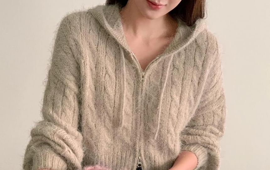 Cropped Cable-Knit Hooded Zipper Cardigan in 6 Colors