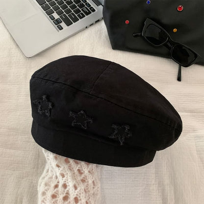 Star-Embroidered Washed Denim Beret