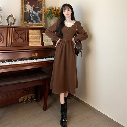 Long-Sleeve Crew Neck Plain Midi A-Line Dress