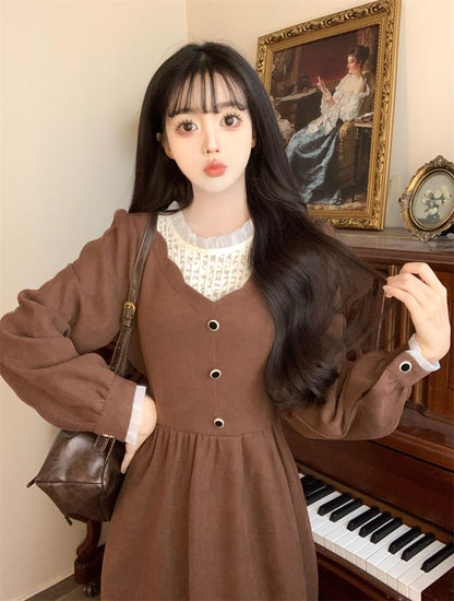 Long-Sleeve Crew Neck Plain Midi A-Line Dress