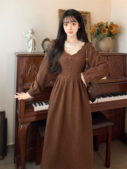 Long-Sleeve Crew Neck Plain Midi A-Line Dress