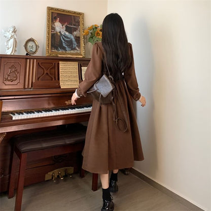 Long-Sleeve Crew Neck Plain Midi A-Line Dress