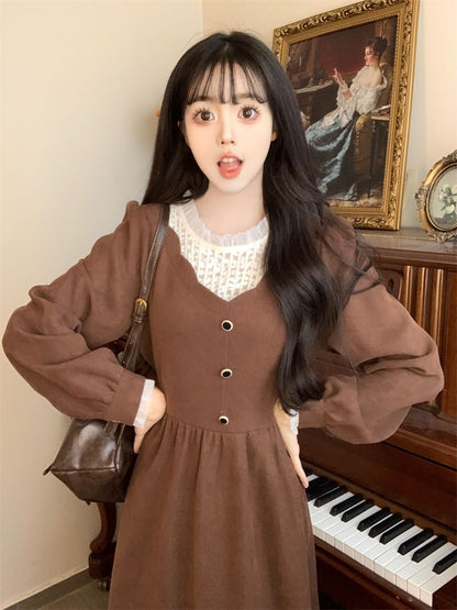 Long-Sleeve Crew Neck Plain Midi A-Line Dress