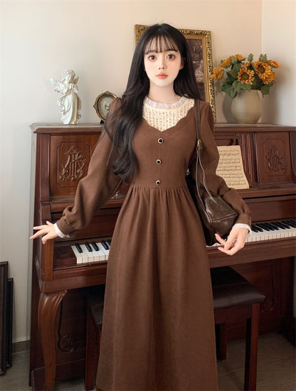 Long-Sleeve Crew Neck Plain Midi A-Line Dress