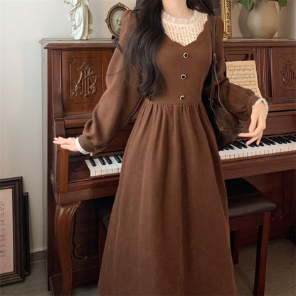 Long-Sleeve Crew Neck Plain Midi A-Line Dress