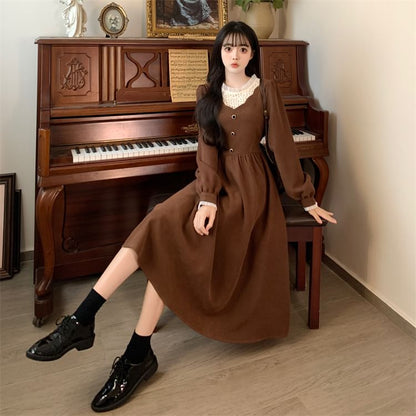 Long-Sleeve Crew Neck Plain Midi A-Line Dress