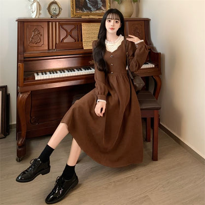 Long-Sleeve Crew Neck Plain Midi A-Line Dress