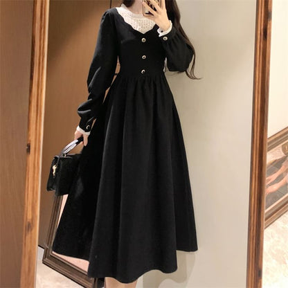 Long-Sleeve Crew Neck Plain Midi A-Line Dress