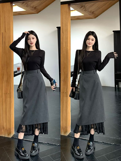 Long-Sleeve Crew Neck Plain Knit Top / High Rise Lace Trim Midi A-Line Skirt