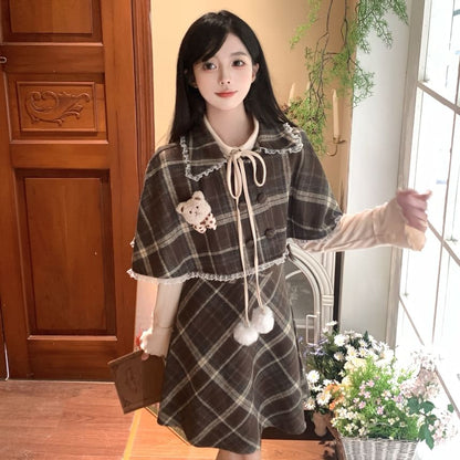 Long Sleeve Plaid Mock Two Piece A-Line Dress / Plaid Cape / Set