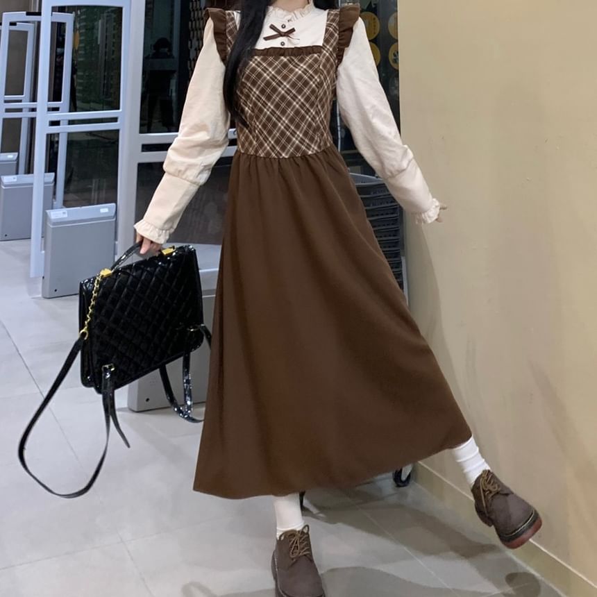 Long Sleeve Band Collar Plaid Ruffle Trim Midi A-Line Dress