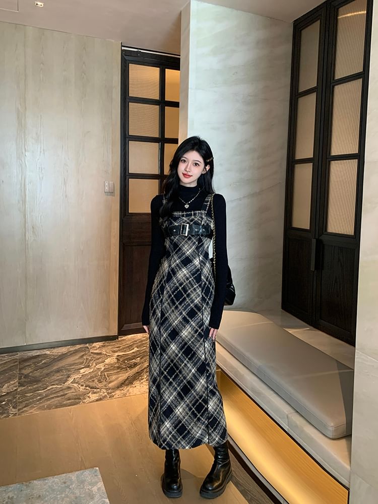 Long-Sleeve Mock Neck Knit Top / Plaid Midi Dungaree Dress / Set