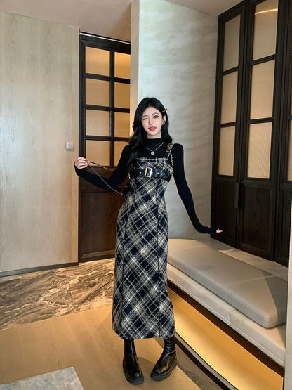 Long-Sleeve Mock Neck Knit Top / Plaid Midi Dungaree Dress / Set