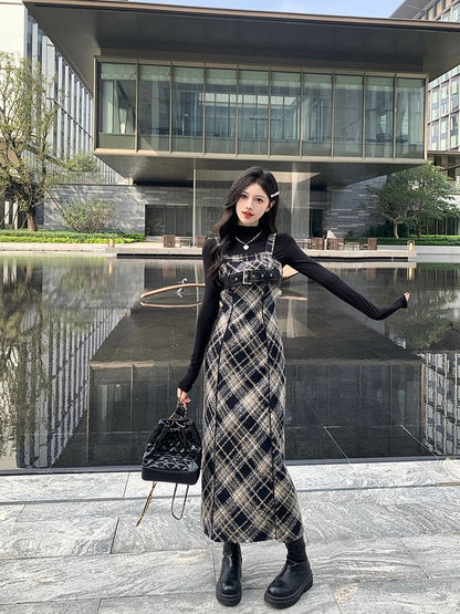 Long-Sleeve Mock Neck Knit Top / Plaid Midi Dungaree Dress / Set