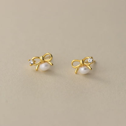 S925 Sterling Silver Bow Rhinestone Faux Pearl Stud Earring