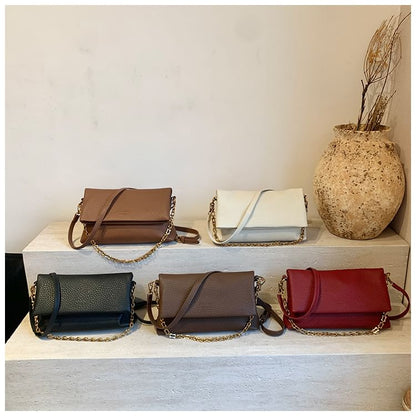 Faux Leather Plain Flap Shoulder Bag