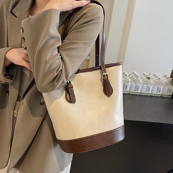 Faux Leather Two Tone Shoulder Bucket Bag