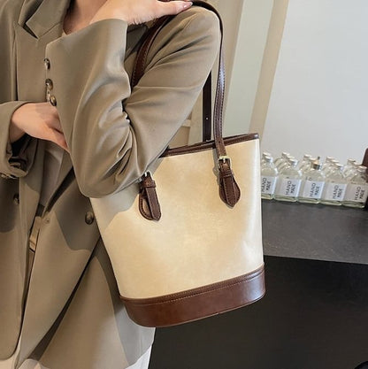Faux Leather Two Tone Shoulder Bucket Bag