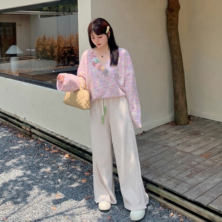 Plus Size Drawstring Waist Plain Wide Leg Pants