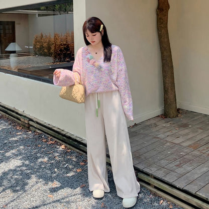 Plus Size Drawstring Waist Plain Wide Leg Pants