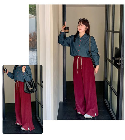 Plus Size Drawstring Waist Plain Wide Leg Pants
