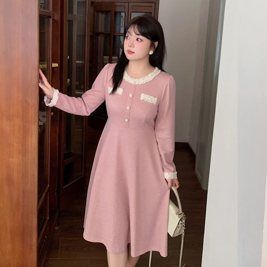 Plus Size Long-Sleeve Plain Lace Trim Midi A-Line Dress
