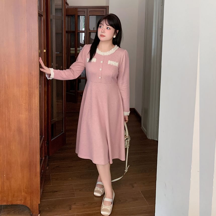 Plus Size Long-Sleeve Plain Lace Trim Midi A-Line Dress
