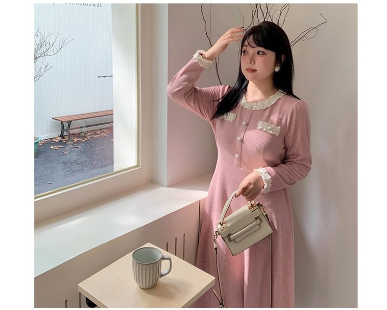 Plus Size Long-Sleeve Plain Lace Trim Midi A-Line Dress