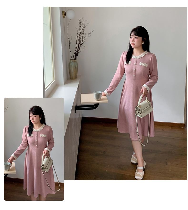 Plus Size Long-Sleeve Plain Lace Trim Midi A-Line Dress