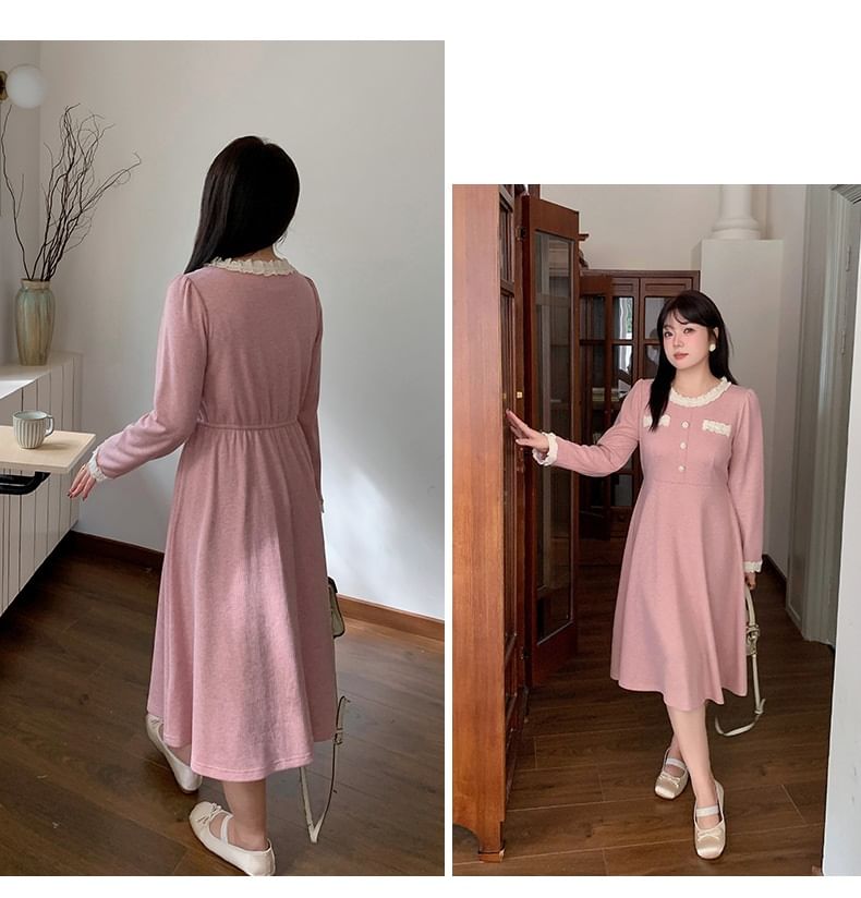 Plus Size Long-Sleeve Plain Lace Trim Midi A-Line Dress