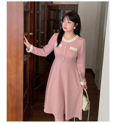 Plus Size Long-Sleeve Plain Lace Trim Midi A-Line Dress