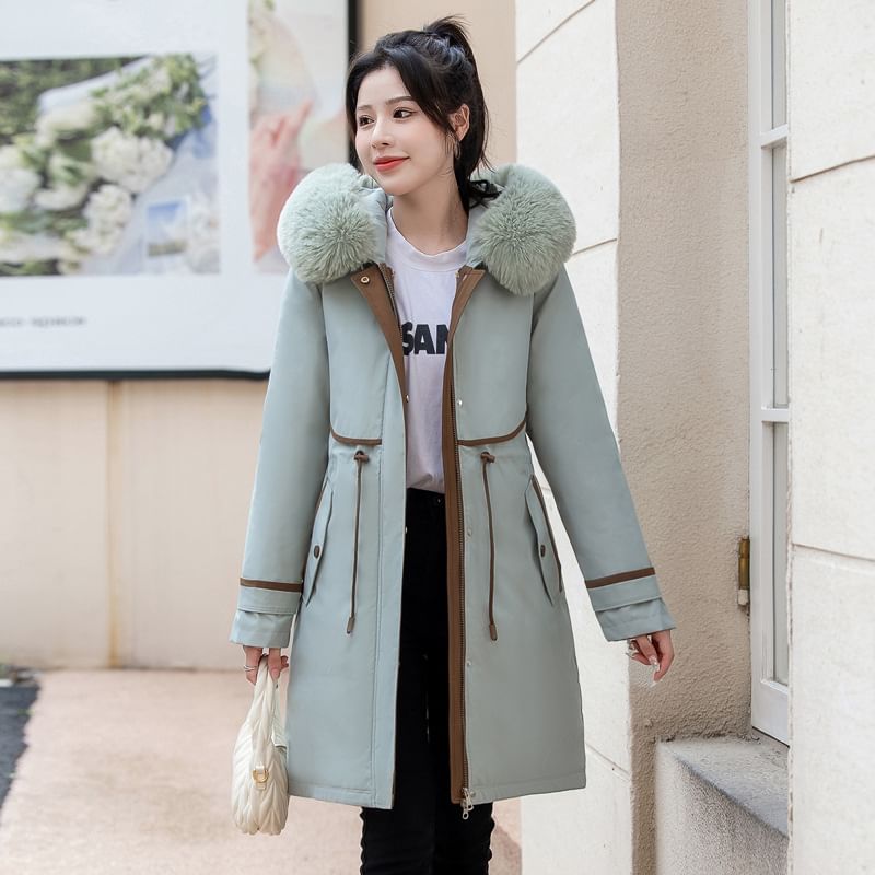 Faux Fur Padded Zip-Up Long Coat