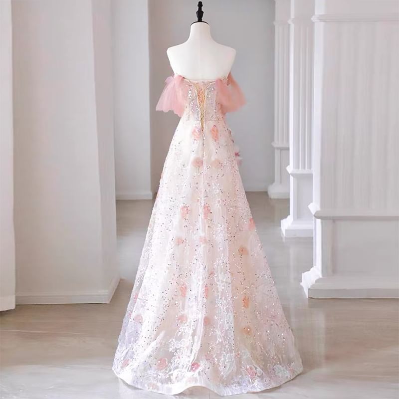 Off-The-Shoulder Floral A-Line Evening Gown