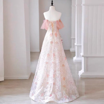 Off-The-Shoulder Floral A-Line Evening Gown
