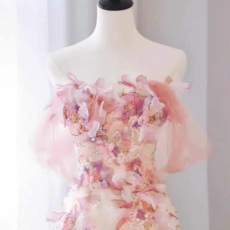 Off-The-Shoulder Floral A-Line Evening Gown