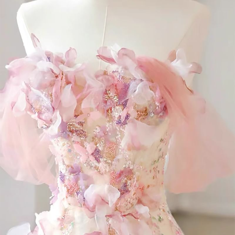 Off-The-Shoulder Floral A-Line Evening Gown
