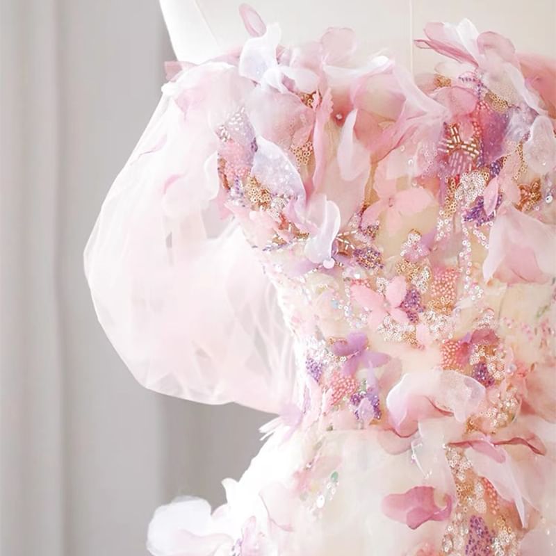 Off-The-Shoulder Floral A-Line Evening Gown