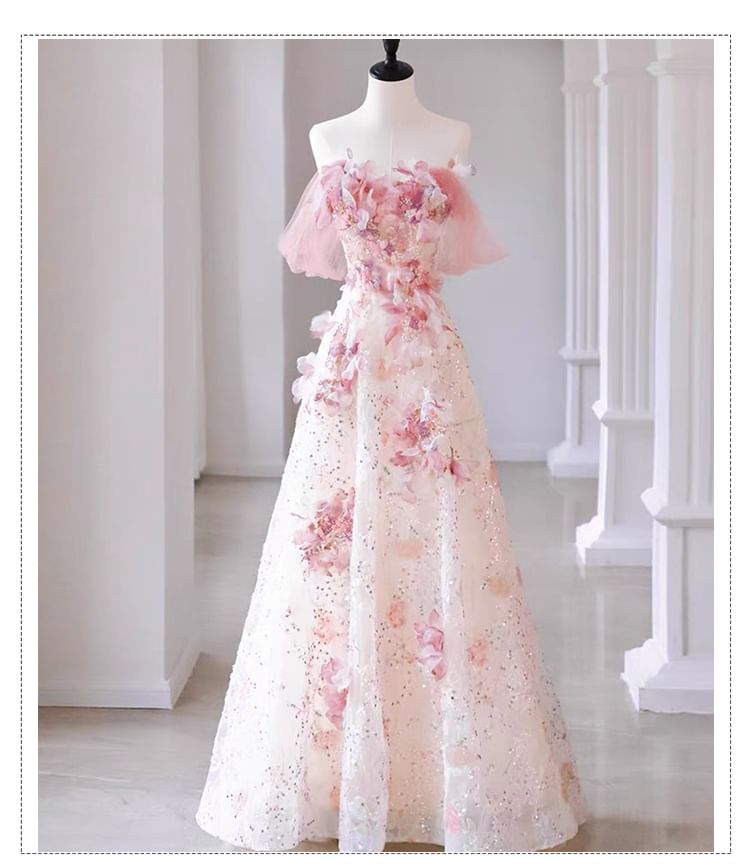 Off-The-Shoulder Floral A-Line Evening Gown