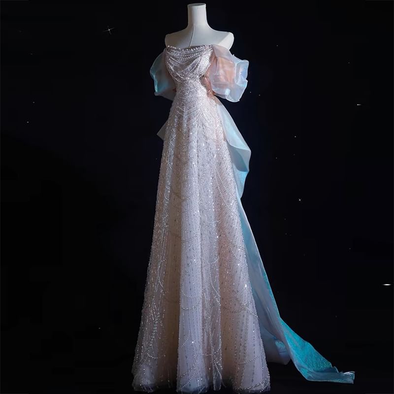Off-The-Shoulder Faux Pearl Beaded A-Line Evening Gown